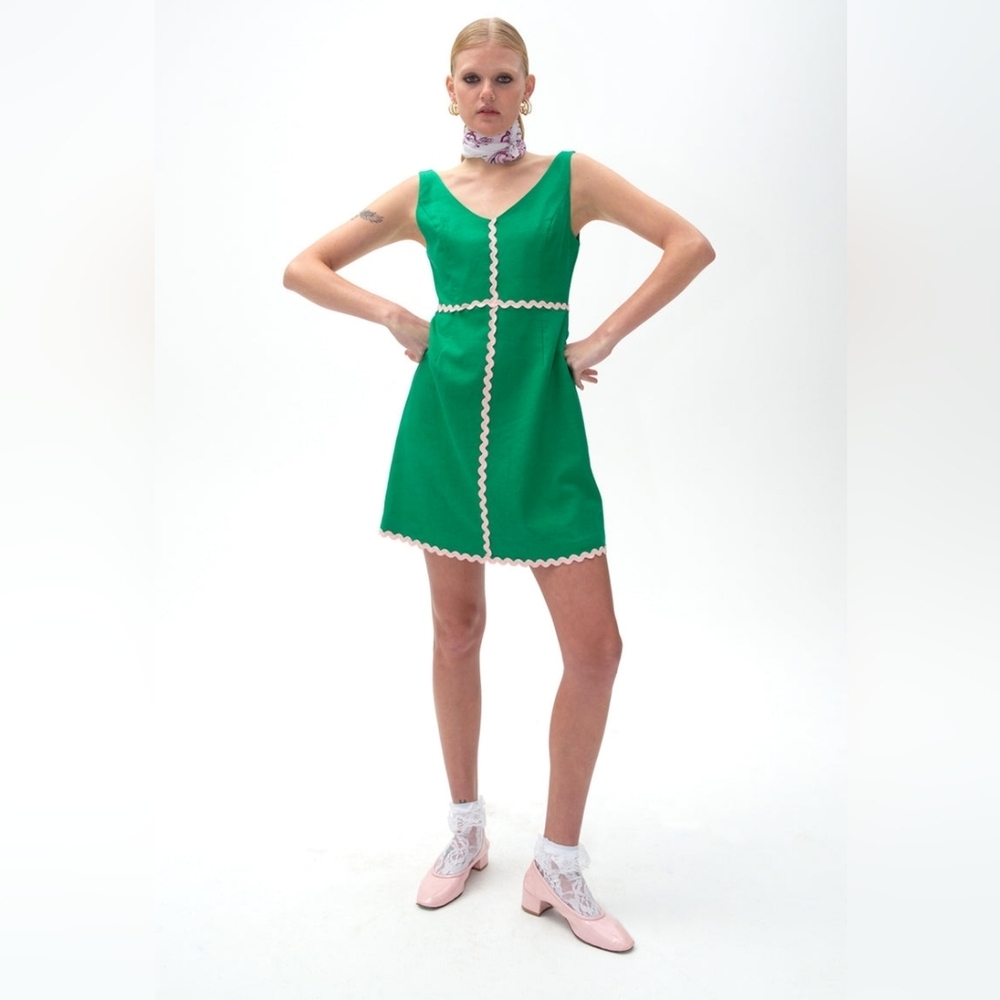 Emma Mulholland On Holiday Green Sleeveless Dress with Pink Trim
